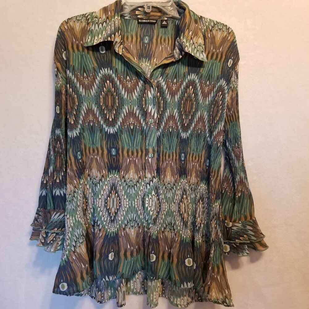 Essentials By Milano XL Top Green Geometric Plissé Pleated Bell Sleeve Y2K Fairy